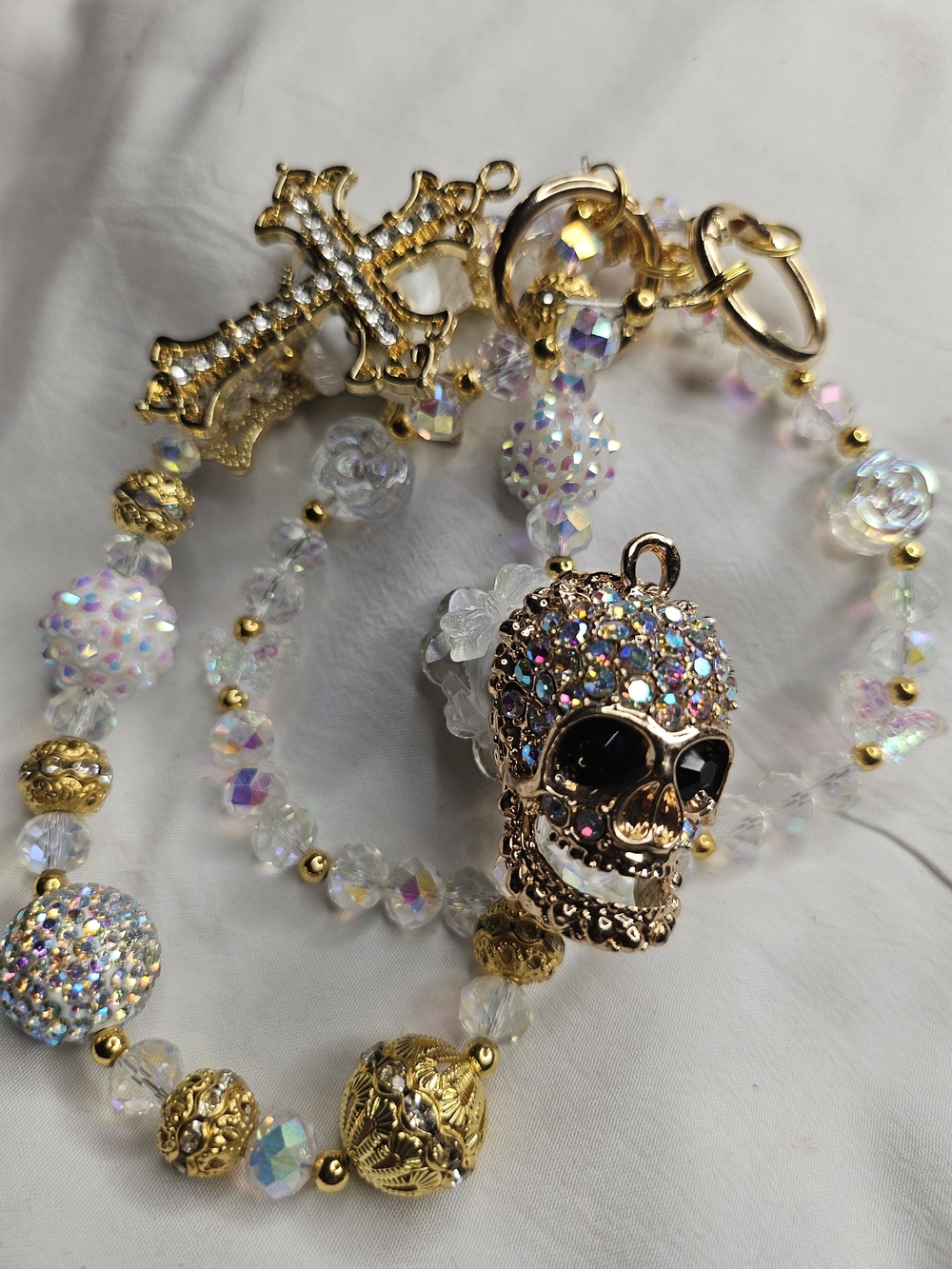 Gold Crystal Skull Rosary Bracelet - Iridescent White Beads